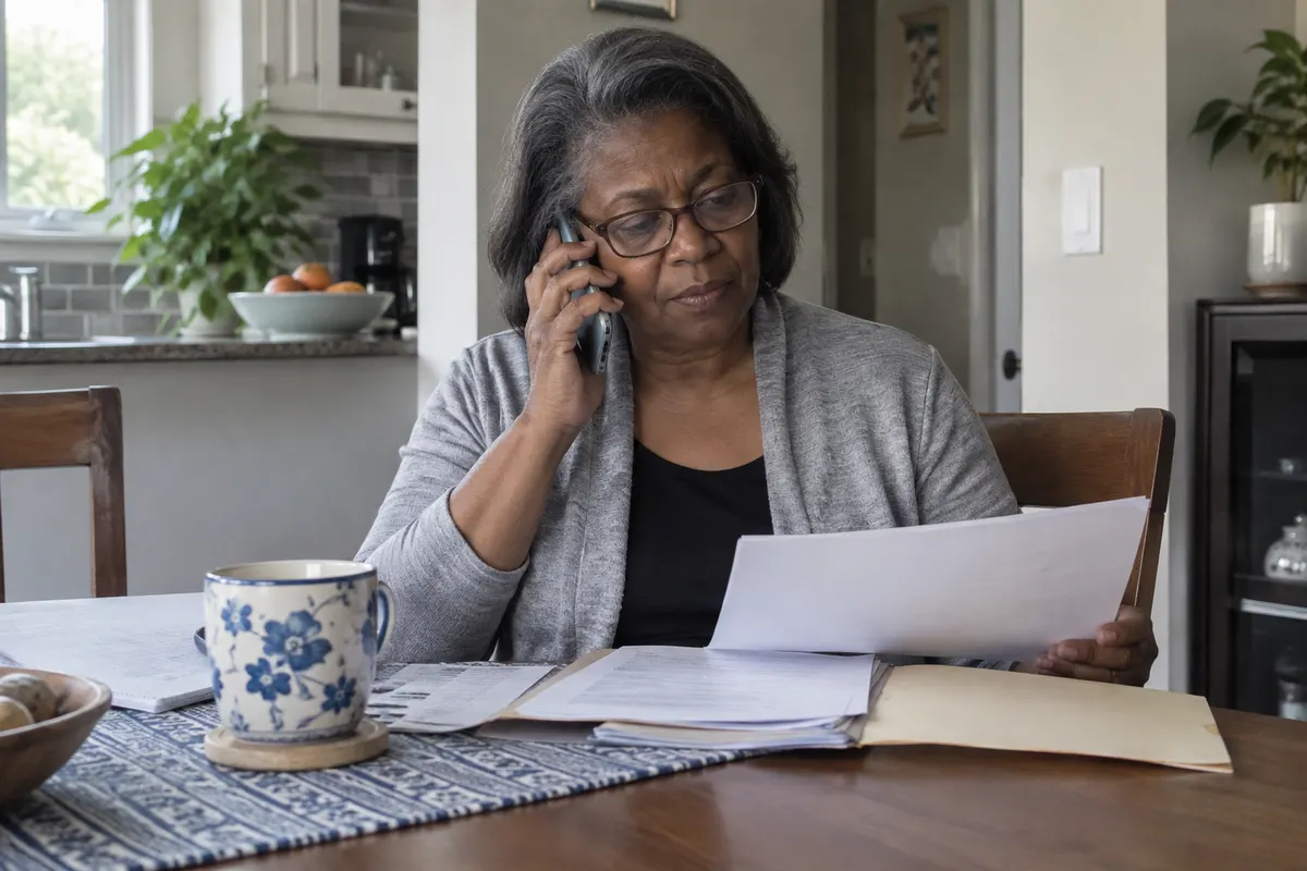 A woman at her kitchen table on the phone while reviewing her homeowner's insurance paperwork
