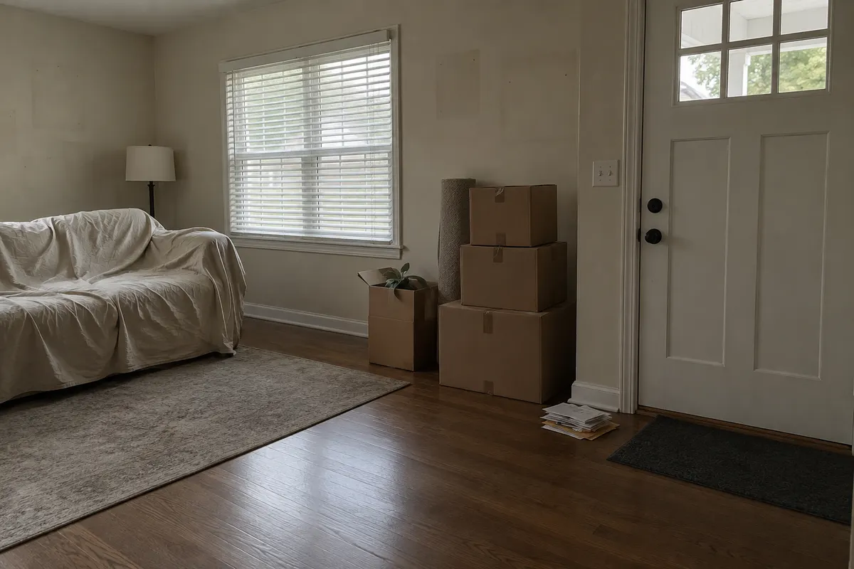 A quiet, empty living room with a sheet over the sofa, moving boxes, and unopened mail by the front door