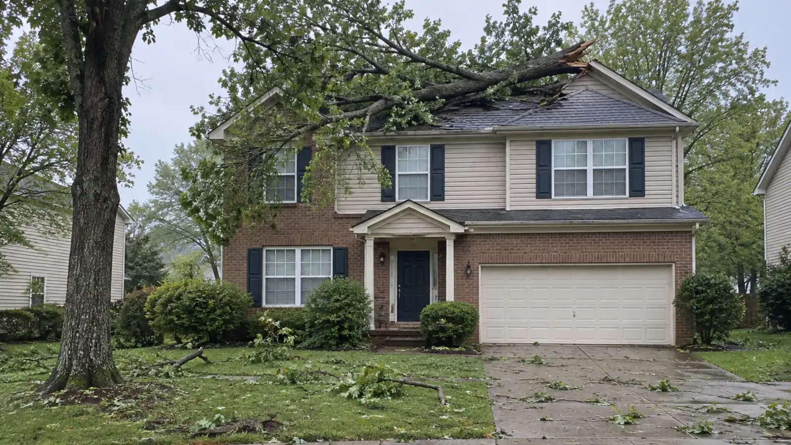 A large oak limb fallen across the roof of a brick suburban home after a spring storm