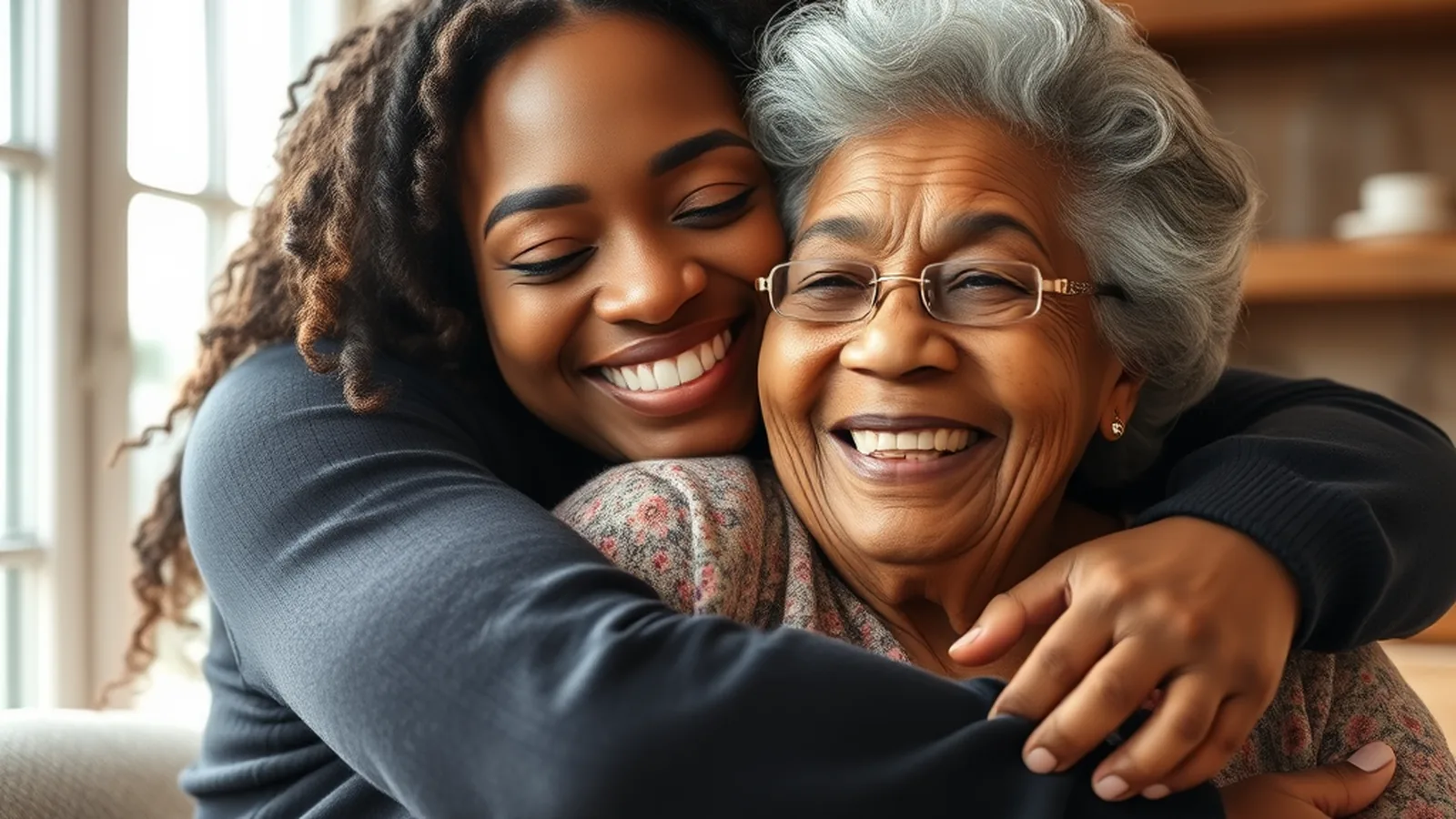 A granddaughter hugging her grandmother