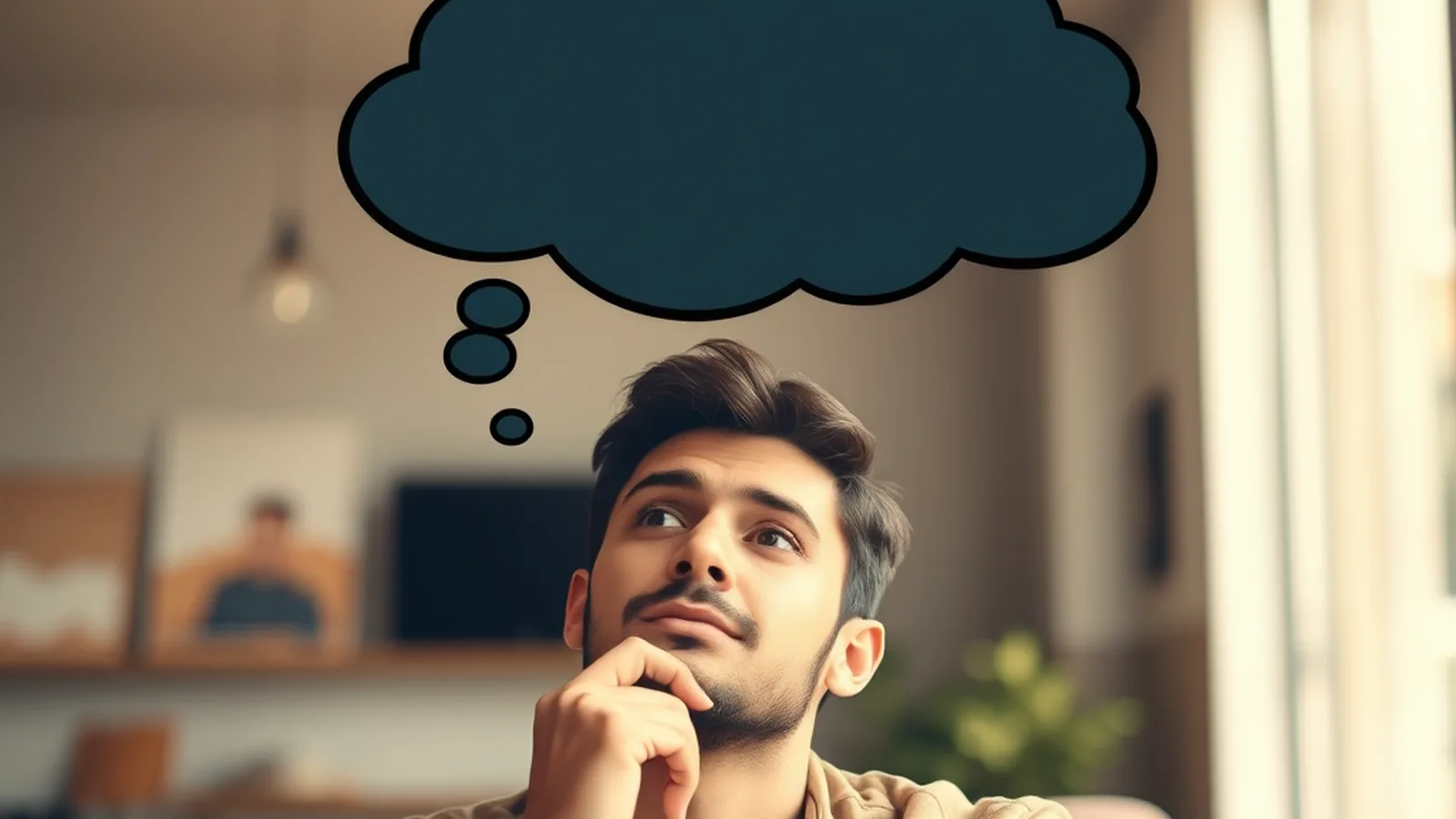 A man sitting at home thinking, with an empty thought bubble above him