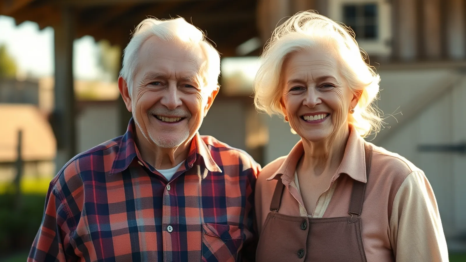 An older couple standing outside their farmhouse