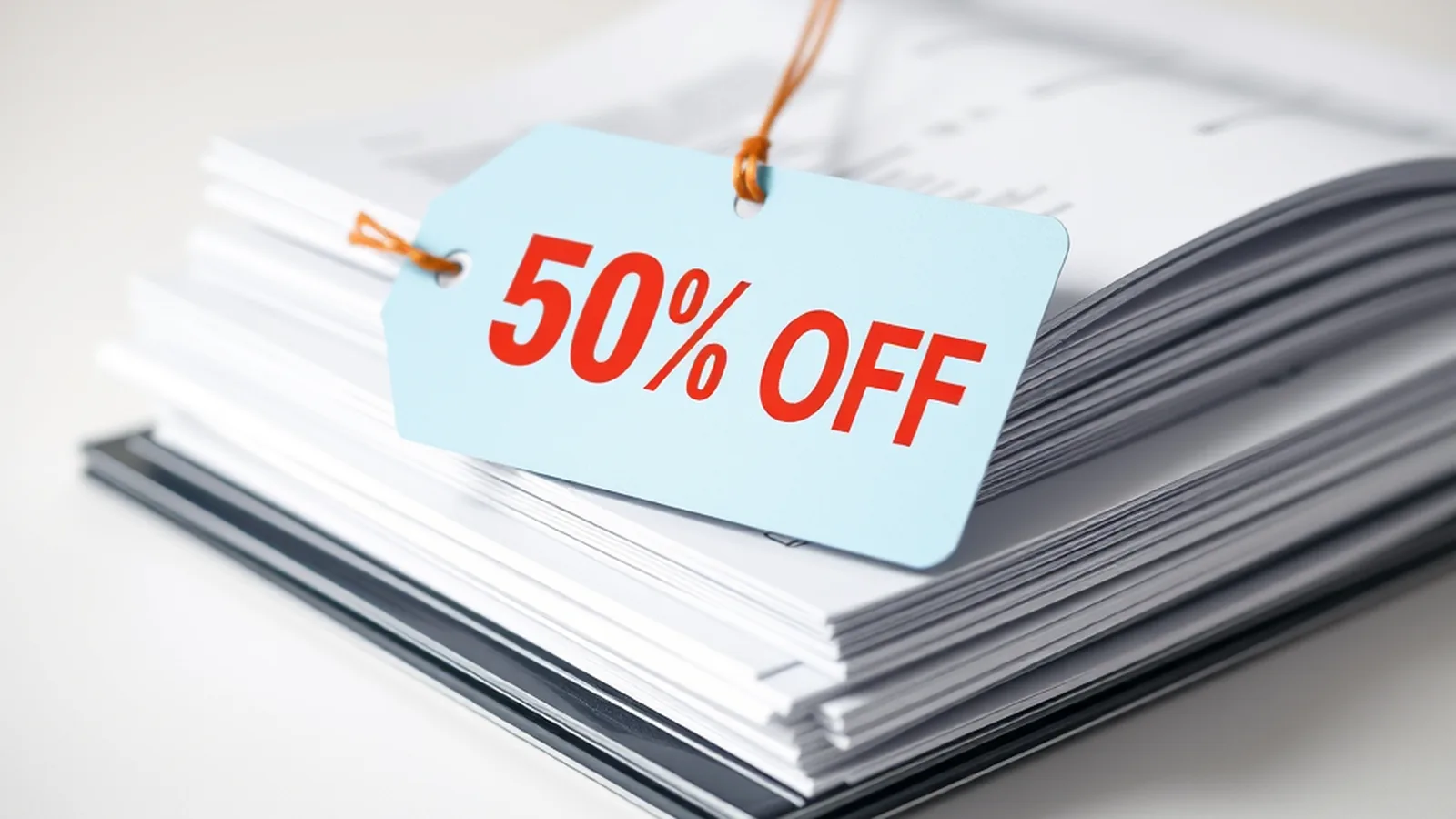 A discount tag attached to a bundle of legal documents