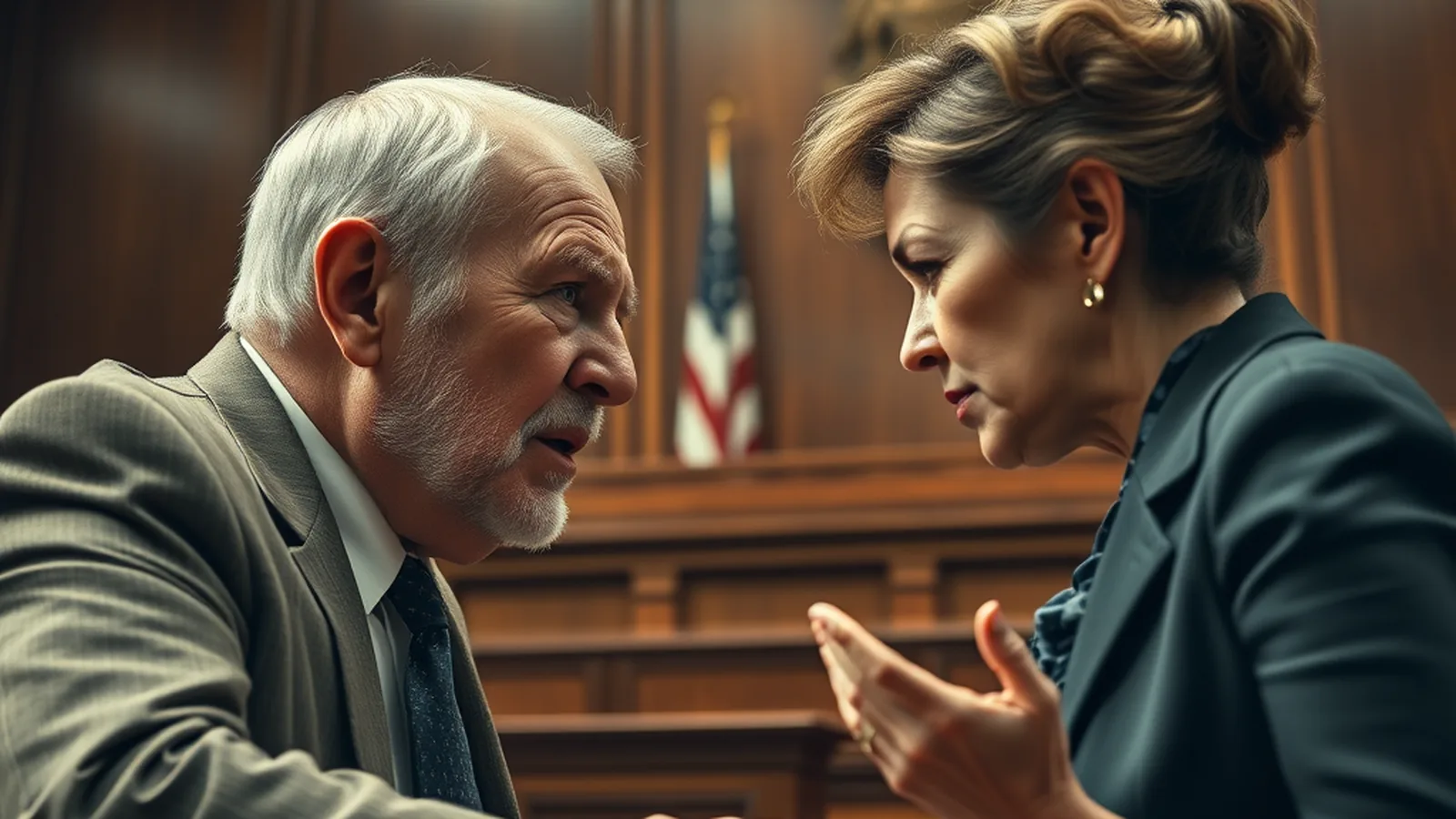 An older man and woman arguing during a court hearing