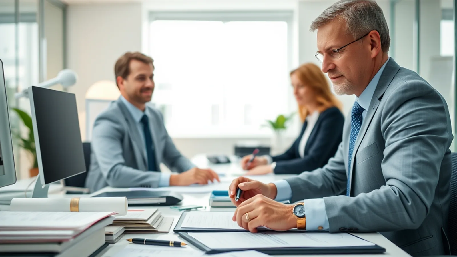 A group of professionals reviewing estate documents in a conference room