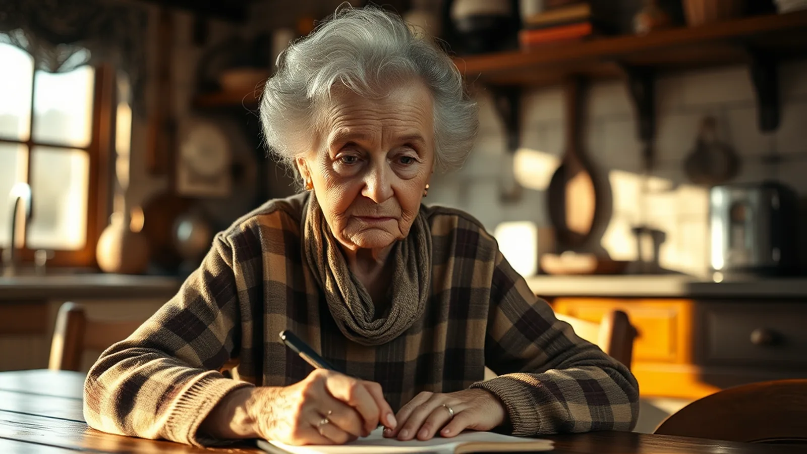 An older woman writing at her kitchen table