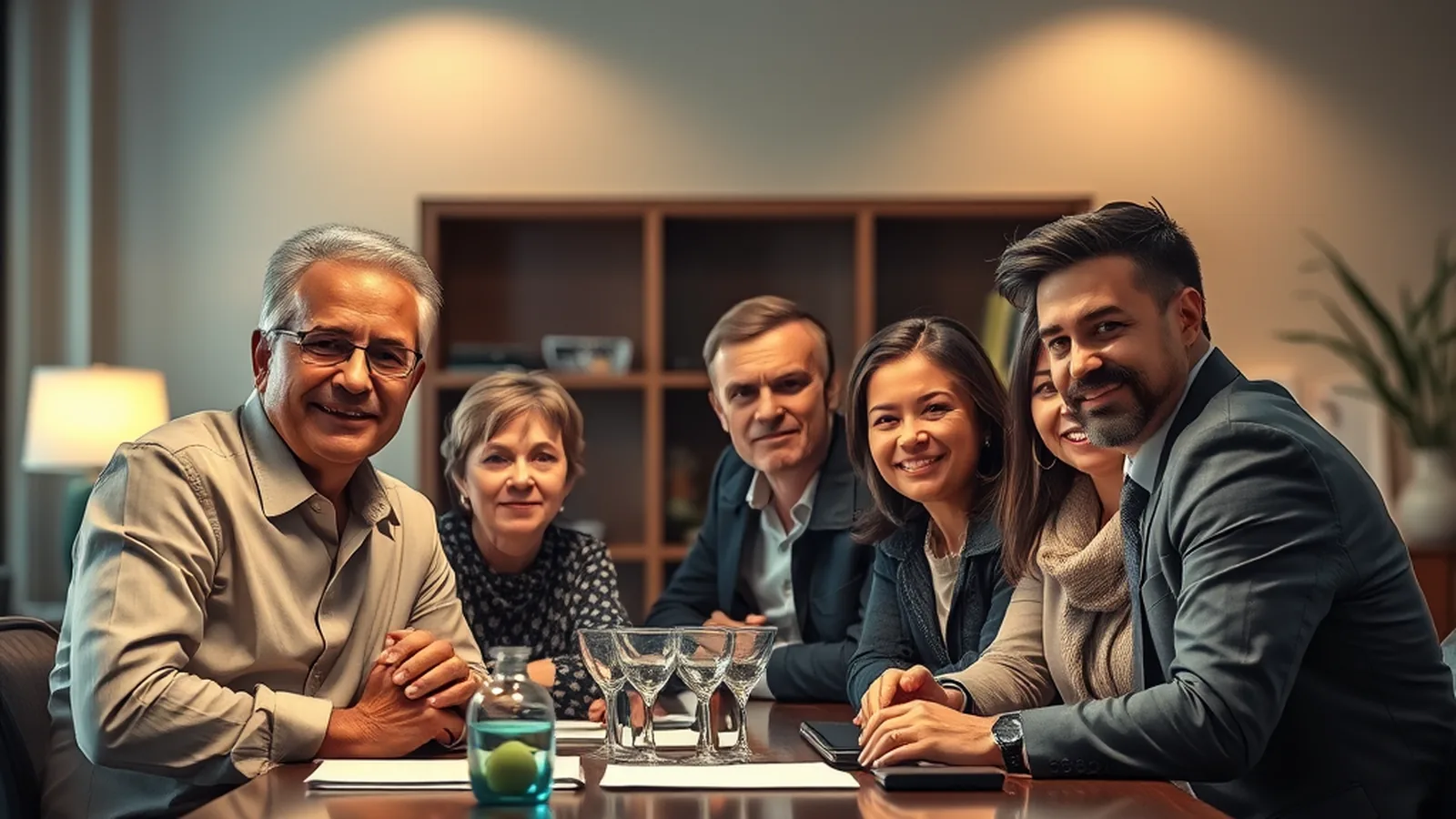 A family seated around a table in a lawyer's office